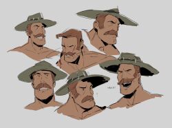 Rule 34 | 1boy, ?, absurdres, bara, bleeding, blonde hair, blood, citrus0lemon, closed eyes, cowboy hat, cropped torso, hat, highres, injury, laughing, long sideburns, male focus, mature male, multiple views, muscular, muscular male, saxton hale, short hair, sideburns, simple background, smile, solo, team fortress 2, thick mustache