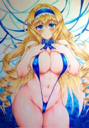 Rule 34 | 1girl, blonde hair, blue eyes, blush, breasts, cecilia alcott, cleavage, drill hair, hands on own chest, highres, infinite stratos, large breasts, legs, long hair, looking at viewer, navel, slingshot swimsuit, solo, swimsuit, thick thighs, thighs, traditional media, wide hips