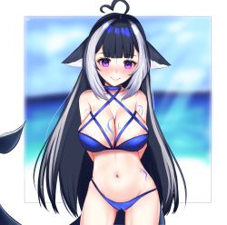 Rule 34 | alisaart19, animal ears, arm tattoo, arms behind back, bikini, black hair, blue bikini, blue collar, blush, breasts, cetacean tail, chest tattoo, cleavage, collar, commentary, english commentary, facial tattoo, fins, fish tail, halterneck, highres, indie virtual youtuber, large breasts, leg tattoo, long hair, looking at viewer, multicolored hair, navel, orca girl, purple eyes, shylily, shylily (bikini), sidelocks, smile, streaked hair, swimsuit, tail, tattoo, virtual youtuber, white hair