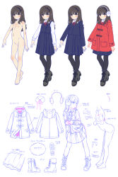 Rule 34 | 1girl, absurdres, aoi kumiko, bad id, bad pixiv id, black footwear, blush, boots, brown hair, censored, character sheet, coat, color trace, dress, flat chest, full body, headphones, highres, leaning forward, lineart, long hair, multiple views, nude, original, pantyhose, pinafore dress, red coat, ribs, school uniform, shoes, sidelocks, simple background, sleeveless, sleeveless dress, white background