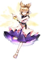 Rule 34 | 1girl, absurdres, blush, full body, highres, j (ppxx3543), lace, lace-trimmed skirt, lace trim, one eye closed, open mouth, purple skirt, ritual baton, skirt, sleeveless, solo, touhou, toyosatomimi no miko, white background