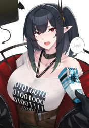 Rule 34 | 1girl, absurdres, arknights, banknote, bare shoulders, belt, black choker, black gloves, black hair, black jacket, brown belt, choker, closure (arknights), commentary, commentary request, english commentary, gloves, halterneck, highres, jacket, kanta (kanta 077), long hair, looking at viewer, lungmen dollar, money, off-shoulder shirt, off shoulder, one side up, open clothes, open jacket, pointy ears, red eyes, shirt, simple background, smile, solo focus, speech bubble, t-shirt, upper body, white background, white shirt