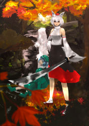 Rule 34 | 2girls, animal ears, arms at sides, autumn, autumn leaves, blue hair, blurry, boots, breasts, brown eyes, depth of field, detached sleeves, expressionless, forest, geta, hair bobbles, hair ornament, hat, highres, hiragana oufu, inubashiri momiji, kawashiro nitori, kicking, leaf, looking to the side, maple leaf, multiple girls, nature, open mouth, pom pom (clothes), rubber boots, shirt, short hair, sitting, skirt, skirt set, standing, sword, tabi, tail, tengu-geta, tokin hat, touhou, two side up, water, waterfall, weapon, white hair, white shirt, wolf ears, wolf tail
