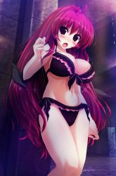 Rule 34 | 1girl, black bra, black panties, blush, bra, breasts, cleavage, front-tie top, game cg, highres, kamikaze explorer!, large breasts, lingerie, long hair, open mouth, oshiki hitoshi, outdoors, panties, pantyshot, polka dot, polka dot bra, polka dot panties, red hair, skindentation, solo, thighhighs, underwear, underwear only, undressing, very long hair, yuutenji mishio