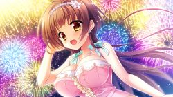 Rule 34 | 1girl, :d, arisue tsukasa, bare shoulders, blush, bracelet, breasts, brown hair, earrings, fireworks, floral flowlove, flower earrings, frills, game cg, jewelry, large breasts, long hair, necklace, night, open mouth, outdoors, pink shirt, shirt, sky, smile, solo, tiara, tsubaki kohane, very long hair, yellow eyes