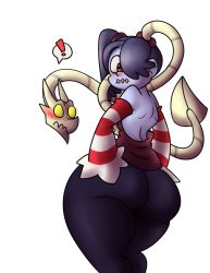 Rule 34 | !, 1girl, ass, blue hair, blue skin, blush, cerealharem, colored skin, huge ass, leviathan (skullgirls), red eyes, simple background, skullgirls, speech bubble, squigly (skullgirls), stitched mouth, stitches, wide hips, zombie