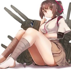 Rule 34 | 10s, 1girl, ankle wrap, barefoot, breasts, brown eyes, brown hair, cannon, fairy (kancolle), hair between eyes, hair ribbon, hakama, hakama skirt, ise (kancolle), japanese clothes, kantai collection, kneehighs, large breasts, looking at viewer, machinery, nontraditional miko, ponytail, ribbon, sandals, short hair, simple background, sitting, skirt, socks, solo, thighs, undershirt, utopia