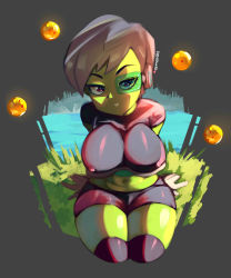 Rule 34 | 1girl, absurdres, armor, black thighhighs, breastplate, breasts, cheelai, cleavage, colored skin, covered erect nipples, cropped legs, dragon ball, dragon ball (object), dragon ball super, dragon ball super broly, gloves, green-tinted eyewear, green skin, grey hair, highres, impossible clothes, large breasts, looking at viewer, midriff, navel, postblue98, red eyes, scouter, short hair, sitting, skin tight, solo, thighhighs, tinted eyewear, white gloves