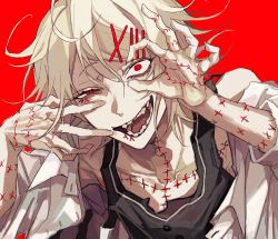 Rule 34 | 1boy, hair ornament, hairclip, highres, kuroume (aihikarikuroume24), looking at viewer, open mouth, red background, red eyes, roman numeral, shirt, short hair, simple background, solo, stitches, suzuya juuzou, tokyo ghoul, white hair, x hair ornament