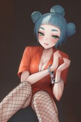 Rule 34 | 1girl, absurdres, blue hair, blush, breasts, cleavage, cuffs, fishnets, godette, godot (game engine), green eyes, hair bun, highres, lips, medium breasts, non-web source, pantyhose, rightsorcerer, sitting, smile, solo