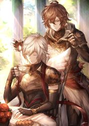 Rule 34 | 2boys, armor, brown hair, checkerboard cookie, coffee cup, cookie, cup, disposable cup, elbow gloves, closed eyes, fingerless gloves, food, gloves, granblue fantasy, highres, hood, hood down, lucifer (granblue fantasy), male focus, mini wings, multiple boys, outdoors, red eyes, sandalphon (granblue fantasy), short hair, sitting, smile, table, tenyo0819, white hair, wings