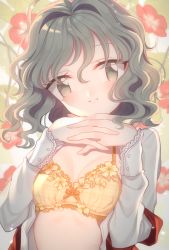 Rule 34 | 1girl, ahoge, alternate breast size, backlighting, bad id, bad pixiv id, blurry, blurry background, blush, bow, bow bra, bra, breasts, commentary request, eyes visible through hair, fingernails, floral background, floral print, flower, green eyes, green hair, hair between eyes, hair intakes, head tilt, highres, interlocked fingers, kazami yuuka, lace, lace-trimmed bra, lace trim, long sleeves, looking at viewer, open clothes, open shirt, open vest, own hands together, parted lips, satomachi, shiny clothes, shirt, short hair, small breasts, smile, solo, sunlight, teeth, touhou, underwear, unmoving pattern, upper body, vest, wavy hair, white shirt, yellow bra
