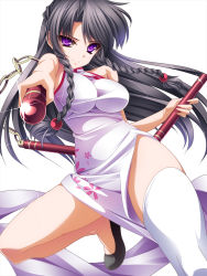 Rule 34 | 1girl, bare shoulders, black hair, blush, braid, breasts, china dress, chinese clothes, dress, highres, holding, holding nunchaku, holding weapon, long hair, looking at viewer, monety, nunchaku, original, pointing, pointing at viewer, purple eyes, simple background, single thighhigh, solo, thighhighs, three section staff, twin braids, weapon, white background, white thighhighs