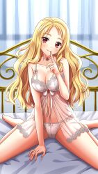 Rule 34 | 1girl, bare arms, bare legs, barefoot, bed sheet, between legs, blonde hair, blush, bra, breasts, choker, cleavage, closed mouth, doukyuusei 2, doukyuusei another world, finger to mouth, game cg, gem, hand between legs, head tilt, index finger raised, large breasts, lingerie, long hair, looking at viewer, maijima karen, navel, panties, red eyes, red gemstone, ribbon, sitting, smile, solo, spread legs, straight hair, underwear, underwear only, very long hair, wariza, white bra, white choker, white panties, white ribbon