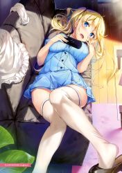 Rule 34 | 1girl, absurdres, apron, artist name, blend s, blonde hair, blue dress, blue eyes, breasts, couch, dress, feet, foreshortening, gloves, unworn gloves, handheld game console, highres, hinata kaho, huge filesize, indoors, large breasts, legs, looking at viewer, lying, on back, open mouth, scan, shoe dangle, short dress, solo, thighhighs, third-party edit, twintails, white thighhighs, wingheart
