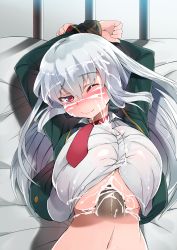 Rule 34 | 1boy, 1girl, arms up, blush, bound, bound wrists, breasts, cum, cum on clothes, disembodied penis, ejaculation, grey hair, handsfree paizuri, hoqn, huge breasts, long hair, looking at viewer, lying, necktie, on back, one eye closed, paizuri, paizuri under clothes, penis, penis under another&#039;s clothes, red eyes, restrained, smile, straddling paizuri, wink