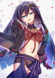Rule 34 | 1girl, arms at sides, black gloves, black hair, blue eyes, clenched hand, crop top, falling petals, gloves, hair ornament, haori, jacket, japanese clothes, long hair, midriff, monohoshizao (tenka hyakken), okanoyuno, open clothes, open jacket, open mouth, petals, short shorts, shorts, smile, spread fingers, tenka hyakken, twintails
