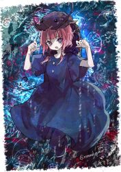 Rule 34 | 1girl, :o, abstract background, air bubble, animal, animal background, animal on head, blue dress, blue eyes, blue footwear, blue pantyhose, border, braid, bubble, clam, claw pose, commentary request, dress, full body, hair over shoulder, highres, horseshoe crab, kaf (kamitsubaki studio), kamitsubaki studio, long hair, looking at viewer, low twin braids, multicolored eyes, noranekogahara, on head, pantyhose, pink hair, red eyes, shell, shoes, short sleeves, solo, trilobite, twin braids, twitter username, virtual youtuber, white border, yellow pupils