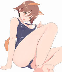 Rule 34 | 1girl, :d, bare legs, bisyamon, brown hair, collarbone, highres, miyafuji yoshika, one-piece swimsuit, open mouth, orange eyes, school swimsuit, short hair, simple background, smile, solo, strap pull, strike witches, swimsuit, white background, world witches series