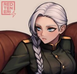 Rule 34 | 1girl, absurdres, blue eyes, braid, breasts, couch, elf, highres, large breasts, military uniform, on couch, original, pointy ears, redteneri, single braid, uniform, white background, white hair