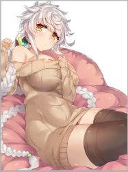 Rule 34 | 1girl, bad id, bad tumblr id, blush, border, braid, breasts, brown eyes, brown pants, brown sweater, brown thighhighs, closed mouth, grey border, grey hair, hand up, huge breasts, inflatable chair, kantai collection, long hair, long sleeves, looking at viewer, pants, pokoten (pokoten718), simple background, sitting, sleeves past wrists, solo, sweater, sweater vest, thighhighs, unryuu (kancolle), very long hair, white background