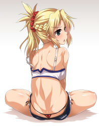 Rule 34 | 1girl, ass, bandeau, bare legs, blonde hair, blush, braid, breasts, commentary request, cutoffs, denim, denim shorts, fate/apocrypha, fate/grand order, fate (series), french braid, from behind, gradient background, green eyes, hair ornament, hair scrunchie, highres, indian style, long hair, looking at viewer, looking back, medium breasts, micro panties, micro shorts, mordred (fate), mordred (fate/apocrypha), mordred (memories at trifas) (fate), o-ring, o-ring bottom, o-ring panties, open mouth, panties, red panties, red scrunchie, scrunchie, shadow, shorts, simple background, sitting, solo, strap slip, underwear, whale tail (clothing), yoshi tama