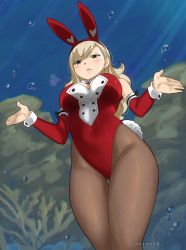 Rule 34 | 1girl, animal ears, blonde hair, blue eyes, blush, breasts, brown pantyhose, cleavage, colorized, detached sleeves, eden&#039;s zero, fake animal ears, gaston18, highres, large breasts, leotard, long hair, mashima hiro, pantyhose, playboy bunny, rabbit ears, rabbit tail, rebecca bluegarden, solo, tail, thigh gap