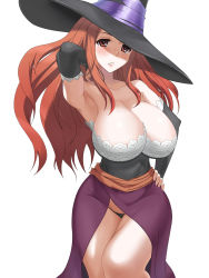 Rule 34 | 1girl, aoten, arm up, armpits, black panties, breasts, brown hair, cleavage, detached sleeves, dragon&#039;s crown, dress, hand on own hip, hat, highres, hip focus, huge breasts, long hair, looking at viewer, panties, parted lips, red eyes, simple background, solo, sorceress (dragon&#039;s crown), strapless, strapless dress, underwear, white background, witch hat
