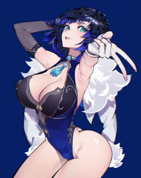 Rule 34 | 1girl, aqua eyes, armpits, arms up, ass, black hair, blue background, blue hair, blue leotard, braid, breasts, cleavage, cleavage cutout, clothing cutout, commentary, covered erect nipples, cowboy shot, detached sleeves, dice, eyelashes, eyeshadow, fingerless gloves, foreshortening, french braid, fur-trimmed jacket, fur trim, genshin impact, gloves, gradient hair, hand in own hair, highleg, highleg leotard, highres, jacket, jacket on shoulders, large breasts, leotard, lipstick, looking at viewer, makeup, multicolored hair, neck tassel, outstretched arm, parted lips, purple eyeshadow, purple lips, short hair, simple background, single sleeve, skin tight, smile, solo, standing, thighs, thong leotard, two-tone hair, v, white gloves, white jacket, xdcstc, yelan (genshin impact)
