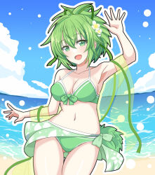 1girl ahoge beach bikini breasts cleavage contrapposto cowboy_shot daiichi_(1279220) day duel_monster flower gluteal_fold green_bikini green_eyes green_hair hair_flower hair_ornament highres looking_at_viewer medium_breasts midriff navel ocean outdoors sarong smile solo swimsuit wynn_(yu-gi-oh!) wynn_the_wind_charmer yu-gi-oh!