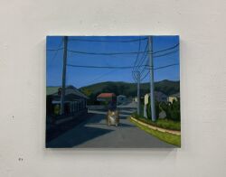 Rule 34 | animal, animal focus, blue sky, cat, clear sky, closed eyes, closed mouth, day, facing viewer, full body, highres, house, karin hosono, no humans, orange cat, original, outdoors, painting (medium), photo (medium), power lines, realistic, road, sky, solo, traditional media, utility pole, wide shot