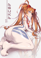 Rule 34 | 1girl, absurdres, all fours, artist request, ass, ass focus, blush, bodysuit, breasts, brown hair, curvy, evangelion: 3.0+1.0 thrice upon a time, eyepatch, full body, highres, interface headset, leaning back, long hair, looking at viewer, looking back, looking to the side, medium breasts, neon genesis evangelion, plugsuit, rebuild of evangelion, simple background, skin tight, solo, souryuu asuka langley, toes, turtleneck, twintails, very long hair, white bodysuit