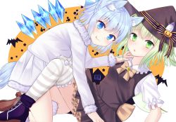 Rule 34 | 2girls, :q, alternate costume, animal ears, ankle boots, arm up, bad id, bad pixiv id, bat (animal), black footwear, black skirt, black vest, blue eyes, blue hair, blush, boots, bow, bowtie, brown footwear, cat ears, cat tail, cirno, commentary request, daiyousei, fur-trimmed footwear, fur-trimmed shirt, fur-trimmed skirt, fur trim, ghost hair ornament, green eyes, green hair, hair between eyes, hair bow, hair ornament, halloween, halloween costume, hat, high heel boots, high heels, jack-o&#039;-lantern, jack-o&#039;-lantern hair ornament, kneeling, looking at viewer, lying, multiple girls, nibosi, on back, orange background, parted lips, petticoat, pink neckwear, puffy short sleeves, puffy sleeves, ribbon, shirt, short hair, short sleeves, side ponytail, skirt, star (symbol), striped clothes, striped legwear, striped ribbon, striped thighhighs, tail, thighhighs, tongue, tongue out, touhou, vest, white shirt, wings, witch hat