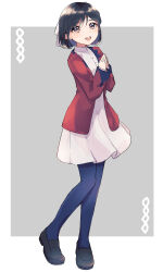 Rule 34 | 1girl, absurdres, black hair, blazer, blue leggings, bow, brown eyes, dress, full body, grey background, hair bow, highres, jacket, leggings, loafers, long sleeves, looking at viewer, multicolored background, oshima hanto, own hands together, paradigm paradox, red jacket, shirt, shoes, short hair, solo, takanashi yuuki, white background, white bow, white dress, white shirt