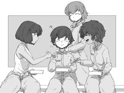 Rule 34 | 4girls, :t, ?, bento, blunt ends, bob cut, closed eyes, closed mouth, clothes around waist, commentary, dark-skinned female, dark skin, eating, flying sweatdrops, food theft, freckles, girls und panzer, greyscale, highres, holding, hoshino (girls und panzer), jumpsuit, jumpsuit pull, long sleeves, looking at another, monochrome, mouth hold, multiple girls, nakajima (girls und panzer), open mouth, outside border, religious offering, renshiu, short hair, sitting, smile, standing, suzuki (girls und panzer), sweatdrop, tank top, tsuchiya (girls und panzer)