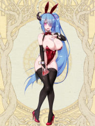 Rule 34 | 1girl, :d, ace (playing card), ace of hearts, animal ears, bare shoulders, between breasts, black thighhighs, blue hair, bow, breasts, bridal gauntlets, capelet, card, cleavage, cocytus (wind master), collarbone, commentary, covered erect nipples, covered navel, curled horns, dairoku ryouhei, detached collar, detached sleeves, eyes visible through hair, fake animal ears, hair over one eye, hand up, heart, high heels, highleg, highleg leotard, holding, holding card, horns, knees together feet apart, lace, lace-trimmed legwear, lace trim, large breasts, leotard, long hair, looking at viewer, open mouth, pink eyes, pink ribbon, plant roots, playboy bunny, playing card, rabbit tail, red bow, red footwear, red leotard, ribbon, shiny clothes, shiny skin, side ponytail, smile, solo, stiletto heels, strapless, strapless leotard, tail, thighhighs, wrist cuffs, yellow background