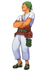 Rule 34 | 1boy, advance wars, advance wars: dual strike, bag, bandana, hachi (advance wars), belt, belt pouch, closed eyes, crossed arms, feet, highres, hirata ryou, male focus, nintendo, official art, pouch, profile, sandals, satchel, short hair, sideburns, simple background, smile, solo, standing, tan, white hair