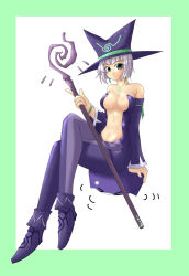 Rule 34 | 1girl, blush, breasts, brie, cadie, catsuit, dolfini, green eyes, hat, highres, medium breasts, pangya, short hair, solo, white hair, witch
