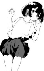 Rule 34 | 1girl, closed mouth, cowboy shot, greyscale, hands up, highres, looking at viewer, miniskirt, monochrome, original, pleated skirt, shirt, short hair, short sleeves, skirt, smison, solo, standing, t-shirt