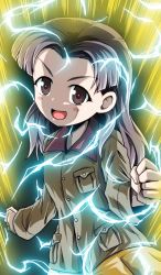 Rule 34 | 1girl, absurdres, alternate hairstyle, aura, black hair, blush stickers, brown eyes, brown jacket, chi-hatan military uniform, clenched hands, commentary, electricity, fukuda haru, girls und panzer, hair down, highres, jacket, kamishima kanon, long hair, long sleeves, looking at viewer, military, military uniform, open mouth, parted bangs, pleated skirt, skirt, smirk, solo, standing, super saiyan, super saiyan 2, uniform, v-shaped eyebrows, yellow skirt