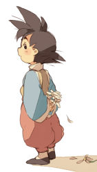 Rule 34 | 1boy, arms behind back, black eyes, black hair, blush stickers, chinese clothes, daisy, dragon ball, dragonball z, expressionless, flower, long sleeves, looking at viewer, looking back, male focus, petals, shadow, shoes, short hair, simple background, solo, son goten, spiked hair, white background
