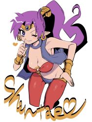 1girl breasts bright_pupils character_name cleavage clothes_pull commentary_request earrings heart high_ponytail highres hoop_earrings jewelry koshianpancake large_breasts leaning_forward long_hair looking_at_viewer one_eye_closed pants pants_pull pointy_ears purple_eyes purple_hair shantae shantae_(series) simple_background smile solo white_background white_pupils