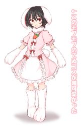 Rule 34 | 1girl, animal ears, animal hands, black hair, bow, carrot, dress, floppy ears, frills, full body, inaba tewi, kuroba rapid, looking at viewer, rabbit ears, rabbit girl, rabbit paws, rabbit tail, red eyes, smile, solo, tail, touhou, translation request
