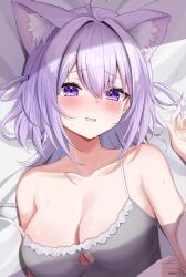 Rule 34 | 1girl, animal ear fluff, animal ears, bare shoulders, bed sheet, blush, breasts, camisole, cat cutout, cat ears, cat girl, cat tail, cleavage, cleavage cutout, clothing cutout, collarbone, grey camisole, hair between eyes, highres, hololive, large breasts, looking at viewer, lying, nekomata okayu, nekomata okayu (membership), official alternate costume, on back, purple eyes, purple hair, raised eyebrows, shinonome shino (artist), short hair, smile, solo, spaghetti strap, strap slip, sweat, tail, two side up, upper body, virtual youtuber