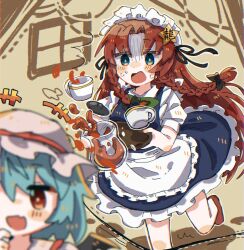 Rule 34 | 2girls, alternate costume, apron, blue dress, blue eyes, blue hair, blush, braid, commentary request, cup, dress, enmaided, fang, frilled dress, frills, hair ornament, hat, highres, holding, holding tray, hong meiling, maid, maid headdress, multiple girls, one-hour drawing challenge, open mouth, puffy short sleeves, puffy sleeves, red eyes, remilia scarlet, short sleeves, skin fang, spilling, star (symbol), star hair ornament, sweat, touhou, tray, tripping, twin braids, udoku oekaki