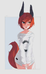 Rule 34 | 1girl, absurdres, artist name, black eyes, blush, broken horn, commentary, cowboy shot, demon girl, demon horns, ehrrr, fangs, fox tail, hair between eyes, heterochromia, highres, horns, long sleeves, looking away, looking to the side, no pants, open mouth, original, red eyes, scar, scar on face, shirt, shirt tug, short hair, simple background, solo, tail, twitter username, white shirt, yellow eyes