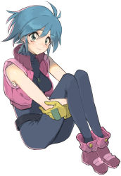 Rule 34 | 1girl, ahoge, allenby beardsley, belt, black belt, black bodysuit, blue eyes, blue hair, blush, bodysuit, boots, breasts, closed mouth, commentary, full body, g gundam, gloves, gundam, hair between eyes, highres, hugging own legs, jewelry, looking at viewer, medium breasts, necklace, pink vest, purple footwear, short hair, simple background, sitting, sleeveless, smile, solo, tanakalma, taut clothes, turtleneck, vest, white background, yellow gloves