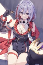 Rule 34 | 1girl, bare shoulders, belt, black belt, black gloves, blue eyes, breasts, cleavage, coin, colored inner hair, detached sleeves, gloves, grey hair, grin, highres, holding, holding coin, honkai: star rail, honkai (series), long sleeves, looking at viewer, medium breasts, mellow kaede, multicolored hair, numby (honkai: star rail), red hair, shirt, short hair, sitting, smile, thigh strap, thighs, topaz (honkai: star rail), trotter (honkai: star rail), white shirt