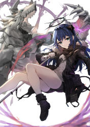 Rule 34 | 1girl, absurdres, arknights, black footwear, black halo, black jacket, black shorts, blue hair, boots, dark halo, demon horns, foot out of frame, fur-trimmed hood, fur trim, gloves, grey shirt, halo, highres, holding, holding staff, hood, hood down, horns, jacket, long hair, looking at viewer, molyb, mostima (arknights), open clothes, open jacket, shirt, shorts, smile, solo, split mouth, staff, white background, white gloves