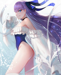 Rule 34 | 1girl, absurdres, bare shoulders, blue eyes, blue one-piece swimsuit, blue ribbon, blush, breasts, choker, closed mouth, dolce (dolsuke), fate/grand order, fate (series), frills, hair between eyes, hair ribbon, highleg, highleg swimsuit, highres, licking lips, long hair, long sleeves, looking at viewer, meltryllis, meltryllis (fate), meltryllis (swimsuit lancer) (fate), meltryllis (swimsuit lancer) (second ascension) (fate), one-piece swimsuit, puffy sleeves, purple hair, ribbon, sleeves past fingers, sleeves past wrists, small breasts, smile, solo, swimsuit, thighs, tongue, tongue out, very long hair